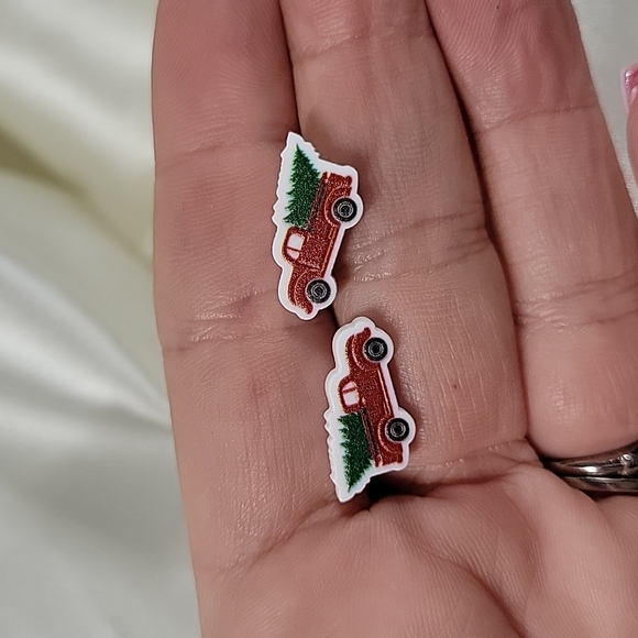 Farmhouse Little Red Truck and Tree Stud Earrings, lightweight - Picture 4 of 5